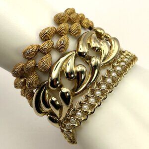 Vintage Bracelet Chunky Chain Mesh Statement Gold Tone Pearl 3 pc